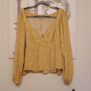 American Eagle Mustard Ruched Blouse Long Sleeve